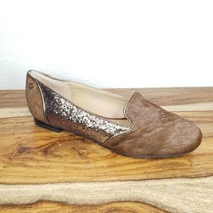 NWT IMAN Cognac Calf Hair Glitter Loafers Size 7.5 W